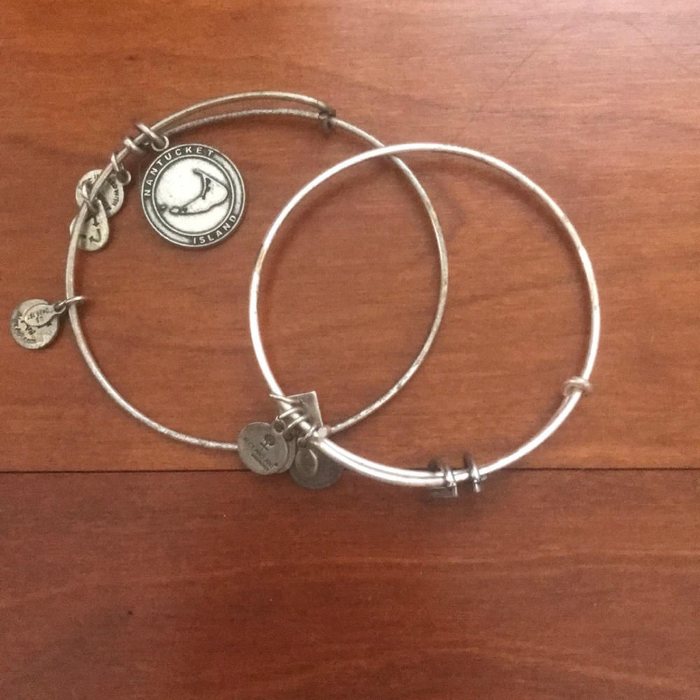 Two silver Alex and Ani bracelets.